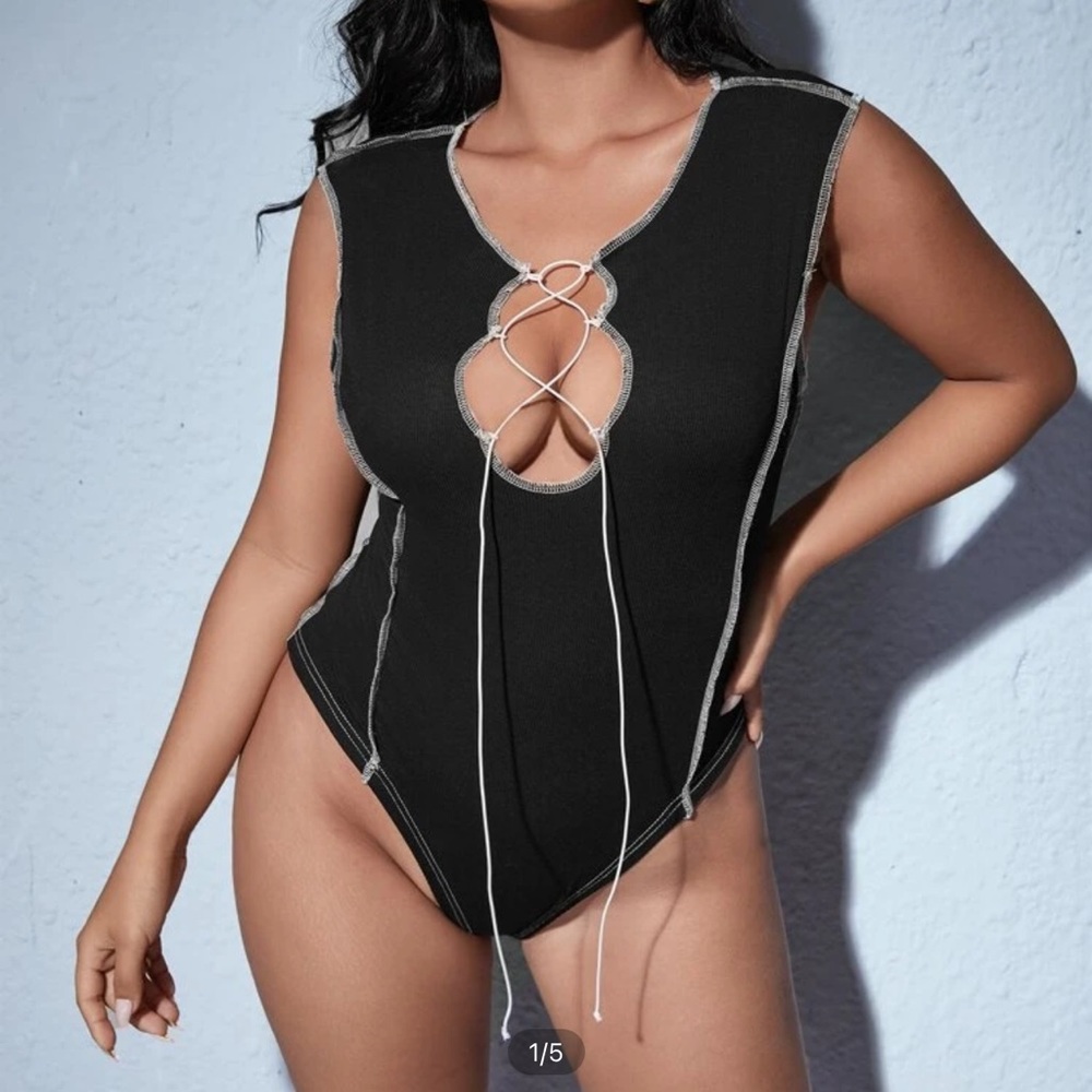 Shein Plus Lace-Up Topstitching Bodysuit